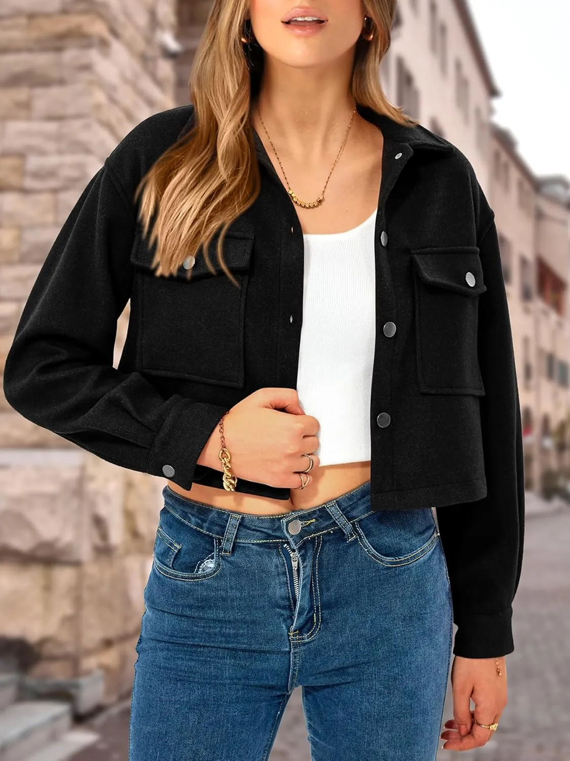 CFLONGE Women's Casual Jacket Coats Button Down Corduroy Cropped Shacket Plaid Long Sleeve Flannels Shirts for Women Jackets