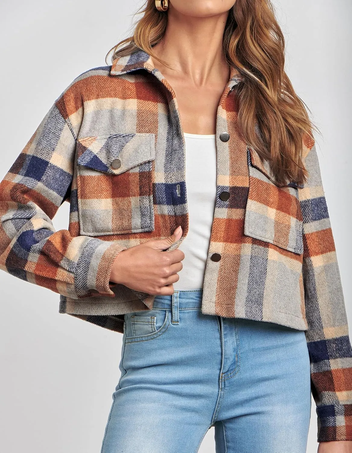 CFLONGE Women's Casual Jacket Coats Button Down Corduroy Cropped Shacket Plaid Long Sleeve Flannels Shirts for Women Jackets