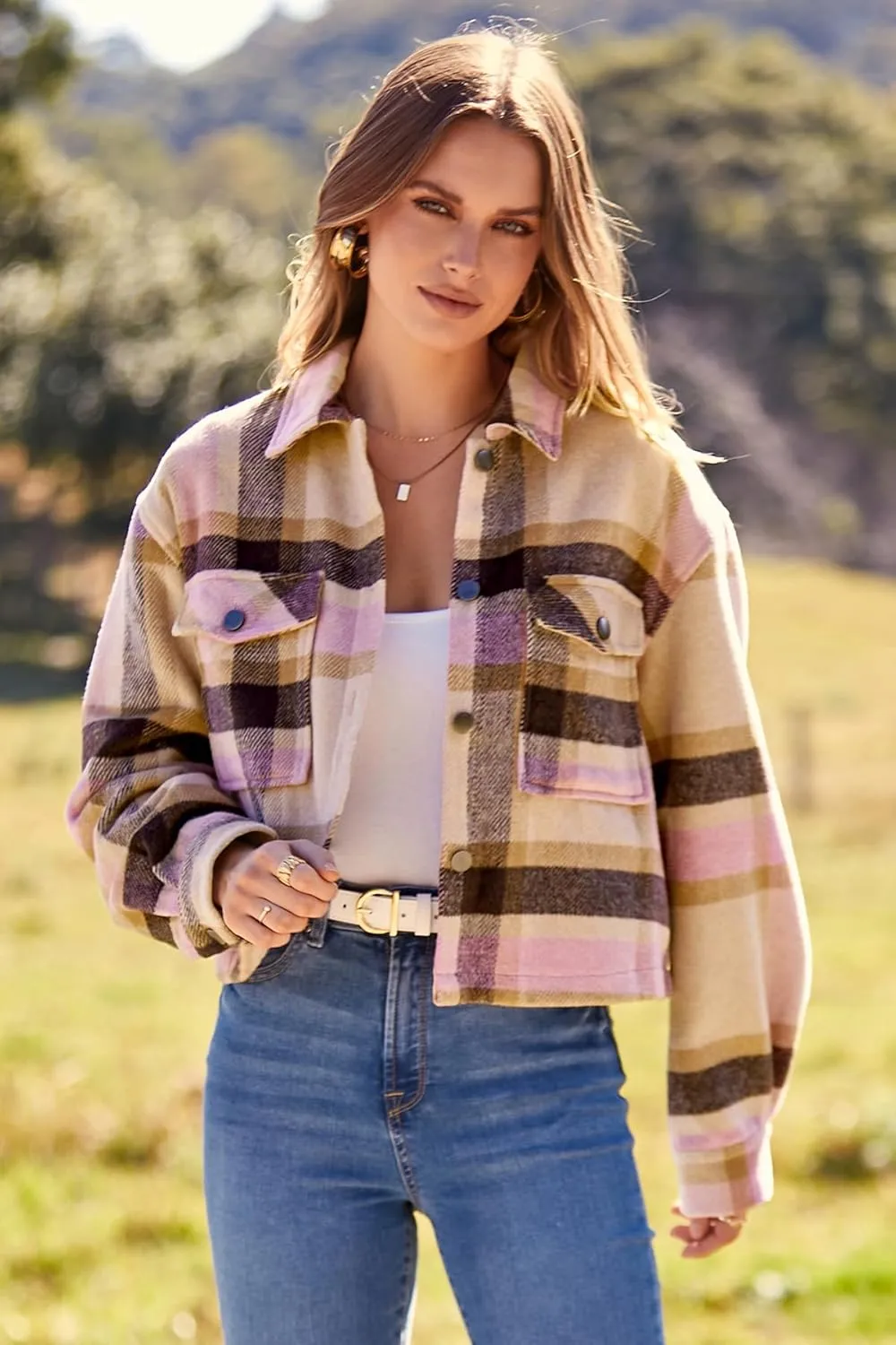 CFLONGE Women's Casual Jacket Coats Button Down Corduroy Cropped Shacket Plaid Long Sleeve Flannels Shirts for Women Jackets