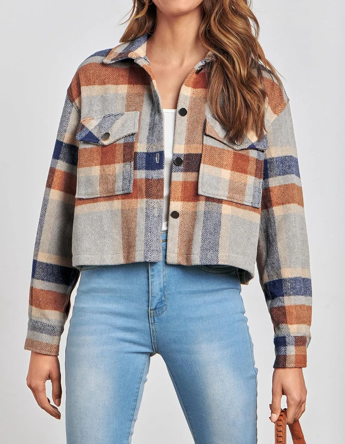 CFLONGE Women's Casual Jacket Coats Button Down Corduroy Cropped Shacket Plaid Long Sleeve Flannels Shirts for Women Jackets