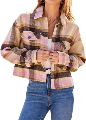 CFLONGE Women's Casual Jacket Coats Button Down Corduroy Cropped Shacket Plaid Long Sleeve Flannels Shirts for Women Jackets