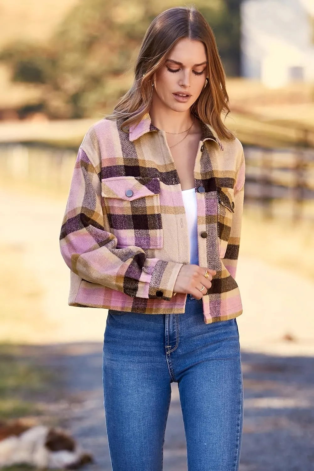 CFLONGE Women's Casual Jacket Coats Button Down Corduroy Cropped Shacket Plaid Long Sleeve Flannels Shirts for Women Jackets