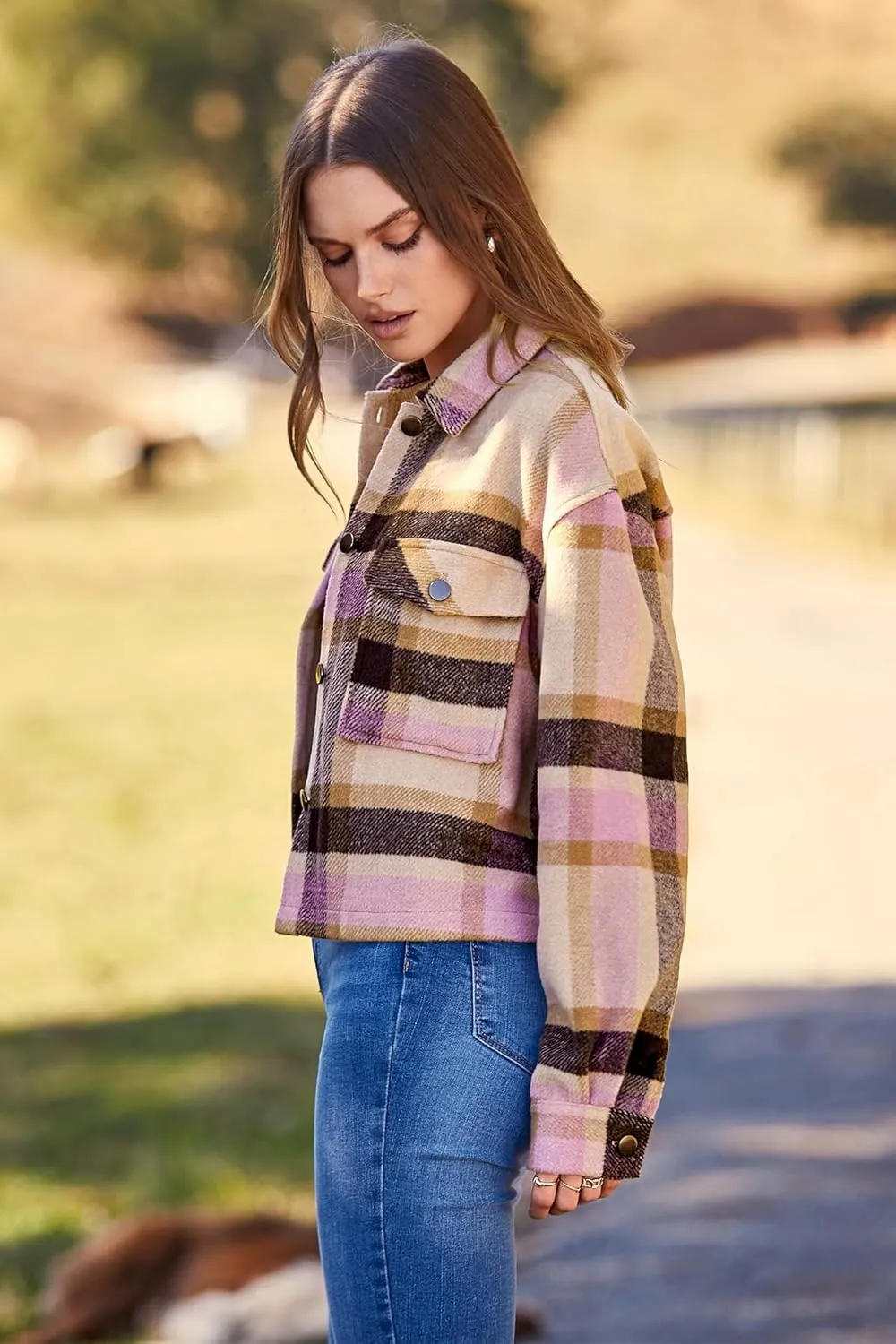 CFLONGE Women's Casual Jacket Coats Button Down Corduroy Cropped Shacket Plaid Long Sleeve Flannels Shirts for Women Jackets