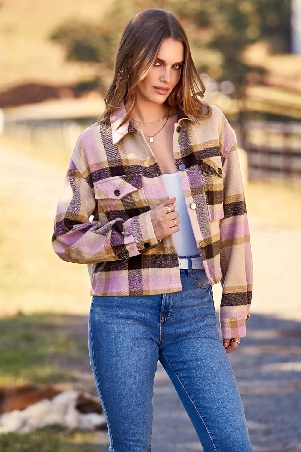 CFLONGE Women's Casual Jacket Coats Button Down Corduroy Cropped Shacket Plaid Long Sleeve Flannels Shirts for Women Jackets