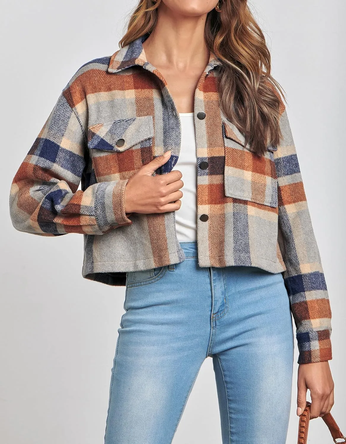 CFLONGE Women's Casual Jacket Coats Button Down Corduroy Cropped Shacket Plaid Long Sleeve Flannels Shirts for Women Jackets