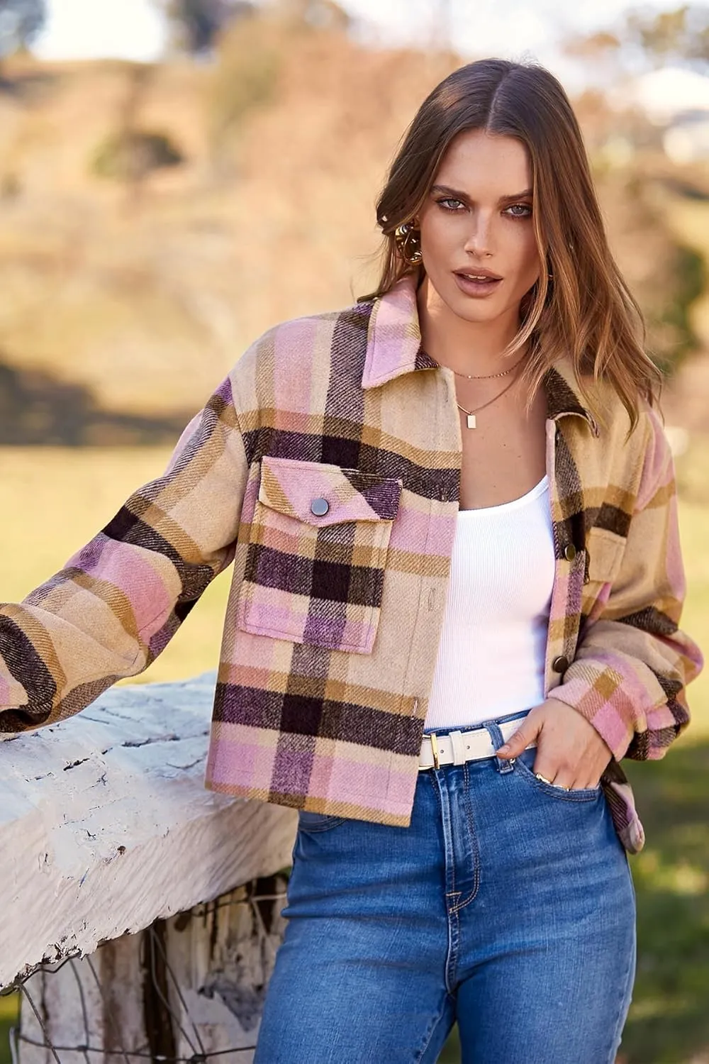 CFLONGE Women's Casual Jacket Coats Button Down Corduroy Cropped Shacket Plaid Long Sleeve Flannels Shirts for Women Jackets