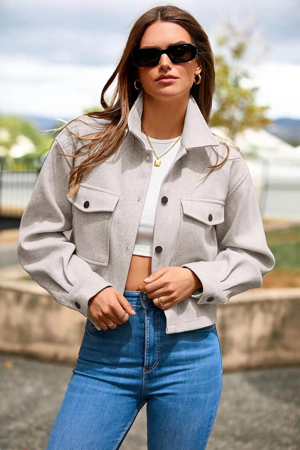 CFLONGE Women's Casual Jacket Coats Button Down Corduroy Cropped Shacket Plaid Long Sleeve Flannels Shirts for Women Jackets
