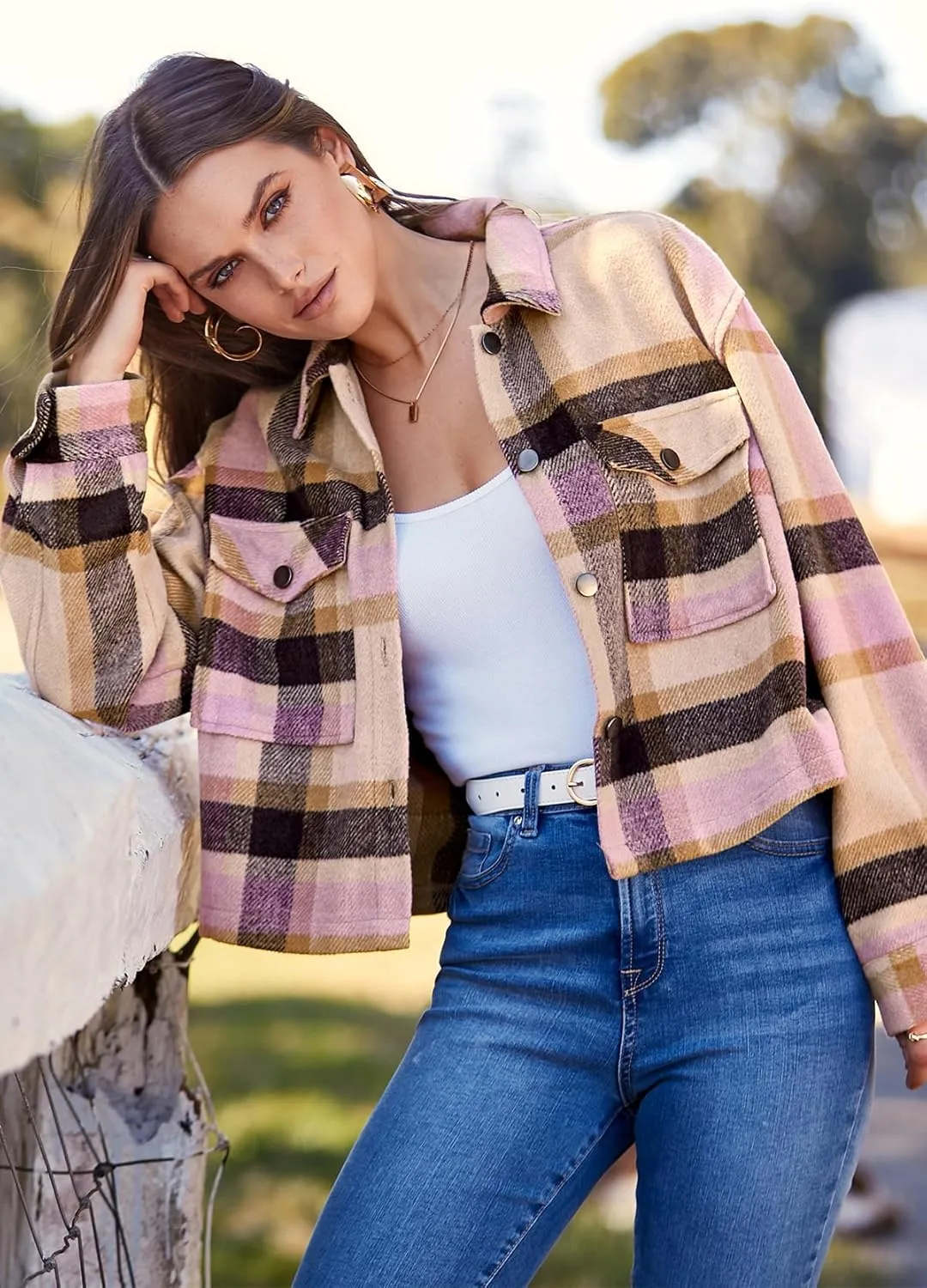 CFLONGE Women's Casual Jacket Coats Button Down Corduroy Cropped Shacket Plaid Long Sleeve Flannels Shirts for Women Jackets