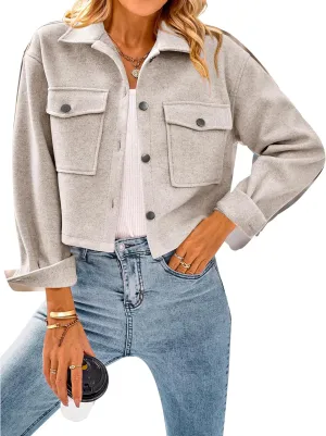 CFLONGE Women's Casual Jacket Coats Button Down Corduroy Cropped Shacket Plaid Long Sleeve Flannels Shirts for Women Jackets