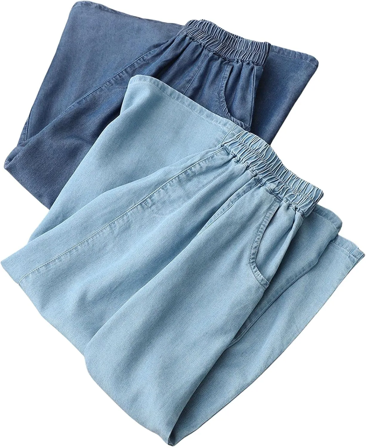 CHARTOU Women Lightweight Denim Skirt Ruffle Pleated A Line Skirt Elastic Waist Jean Skirt Flowy Midi Skirt