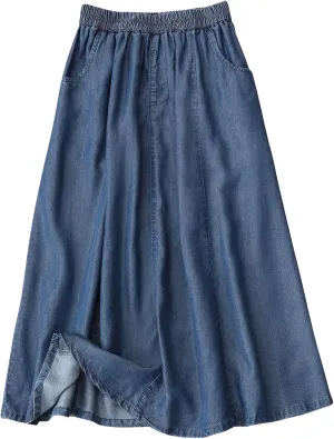 CHARTOU Women Lightweight Denim Skirt Ruffle Pleated A Line Skirt Elastic Waist Jean Skirt Flowy Midi Skirt