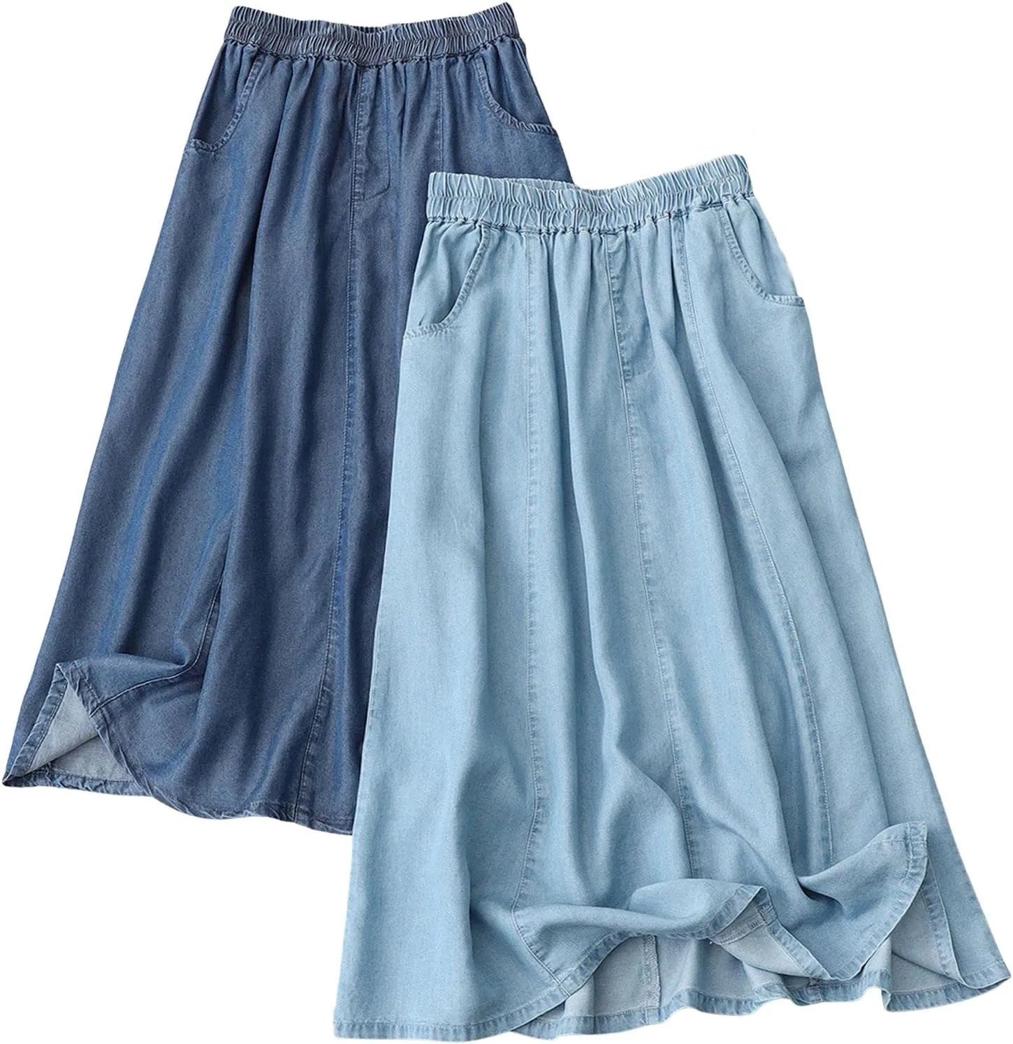 CHARTOU Women Lightweight Denim Skirt Ruffle Pleated A Line Skirt Elastic Waist Jean Skirt Flowy Midi Skirt