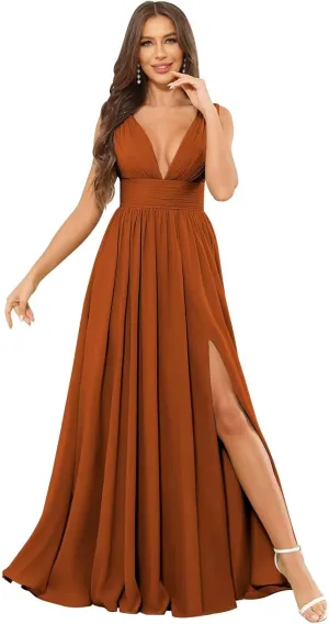 Chiffon Bridesmaid Dresses for Women Deep V Neck Long Ruched Formal Evening Gown with Slit