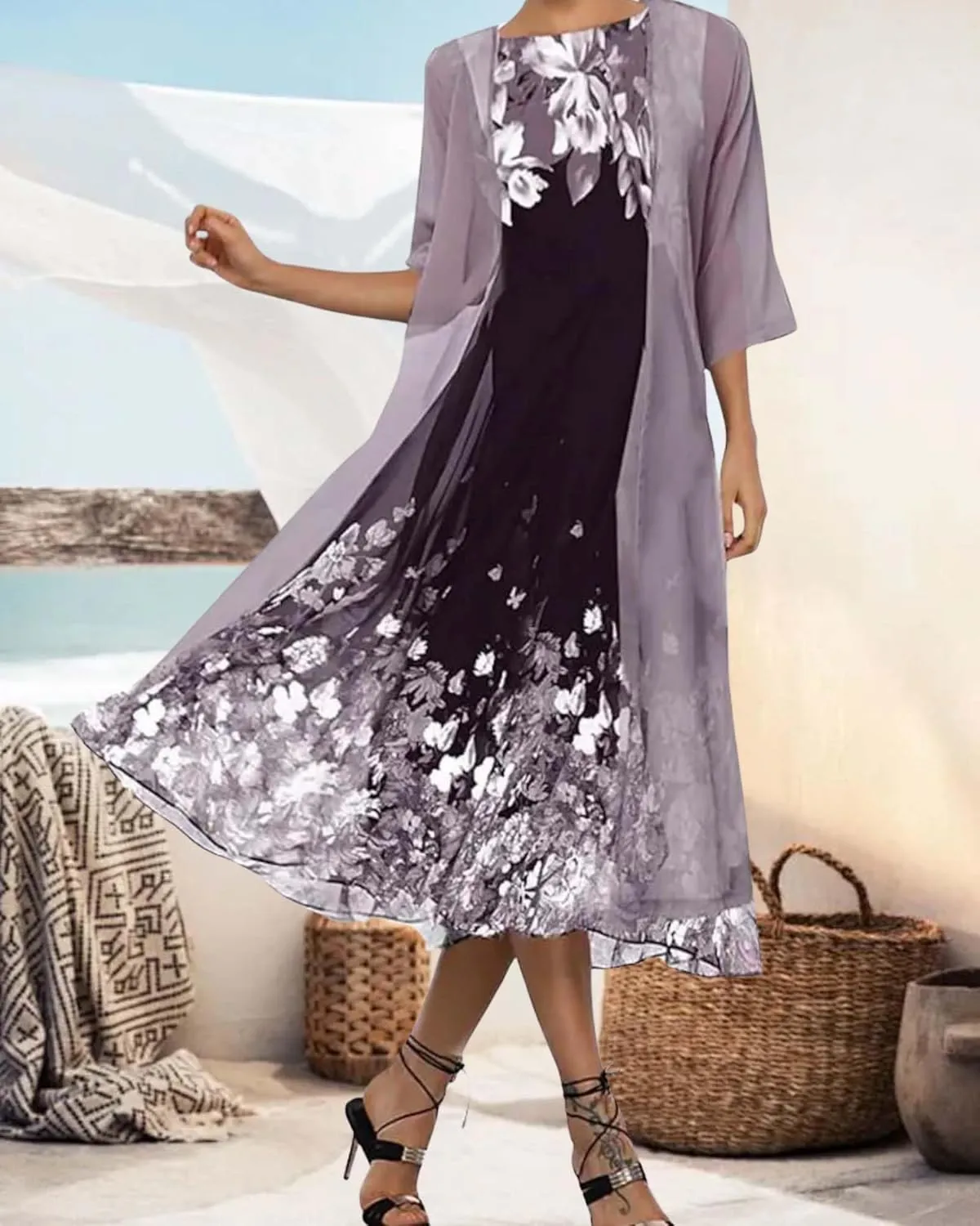 Chiffon Two Piece Set Maxi Dress for Women Summer Casual Boho Floral Cardigan Flowy Cocktail Wedding Guest Midi Dresses