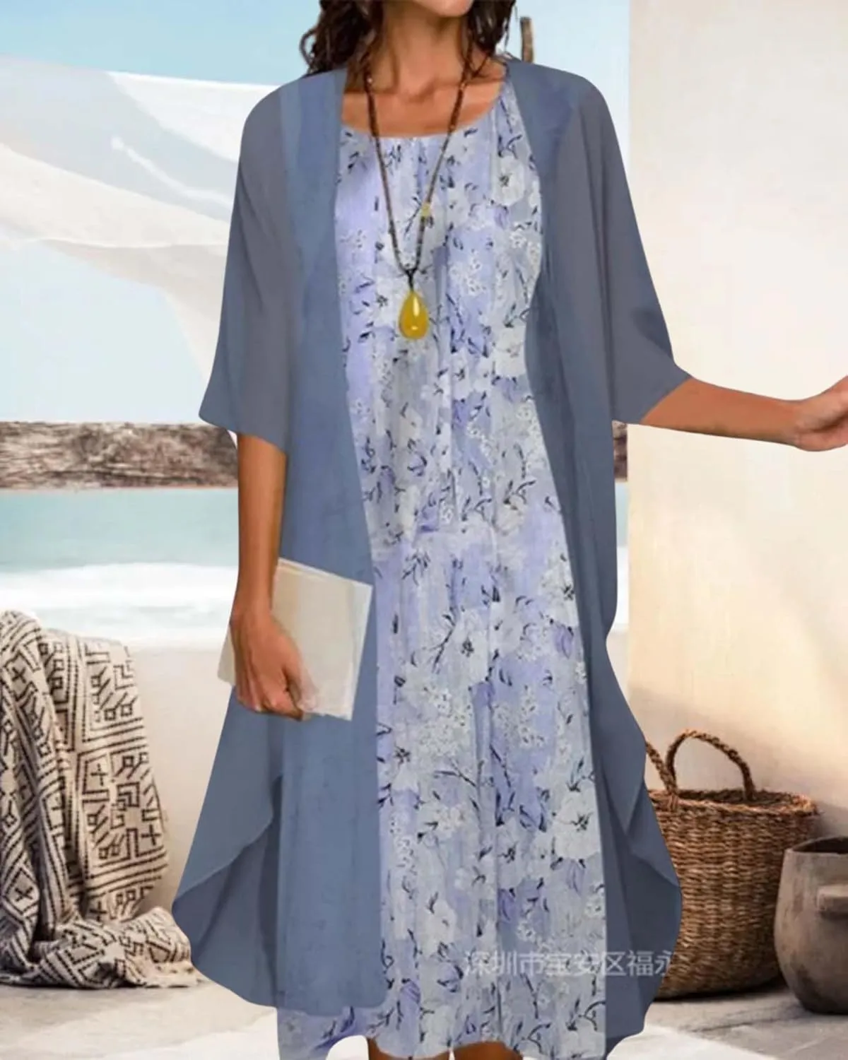 Chiffon Two Piece Set Maxi Dress for Women Summer Casual Boho Floral Cardigan Flowy Cocktail Wedding Guest Midi Dresses