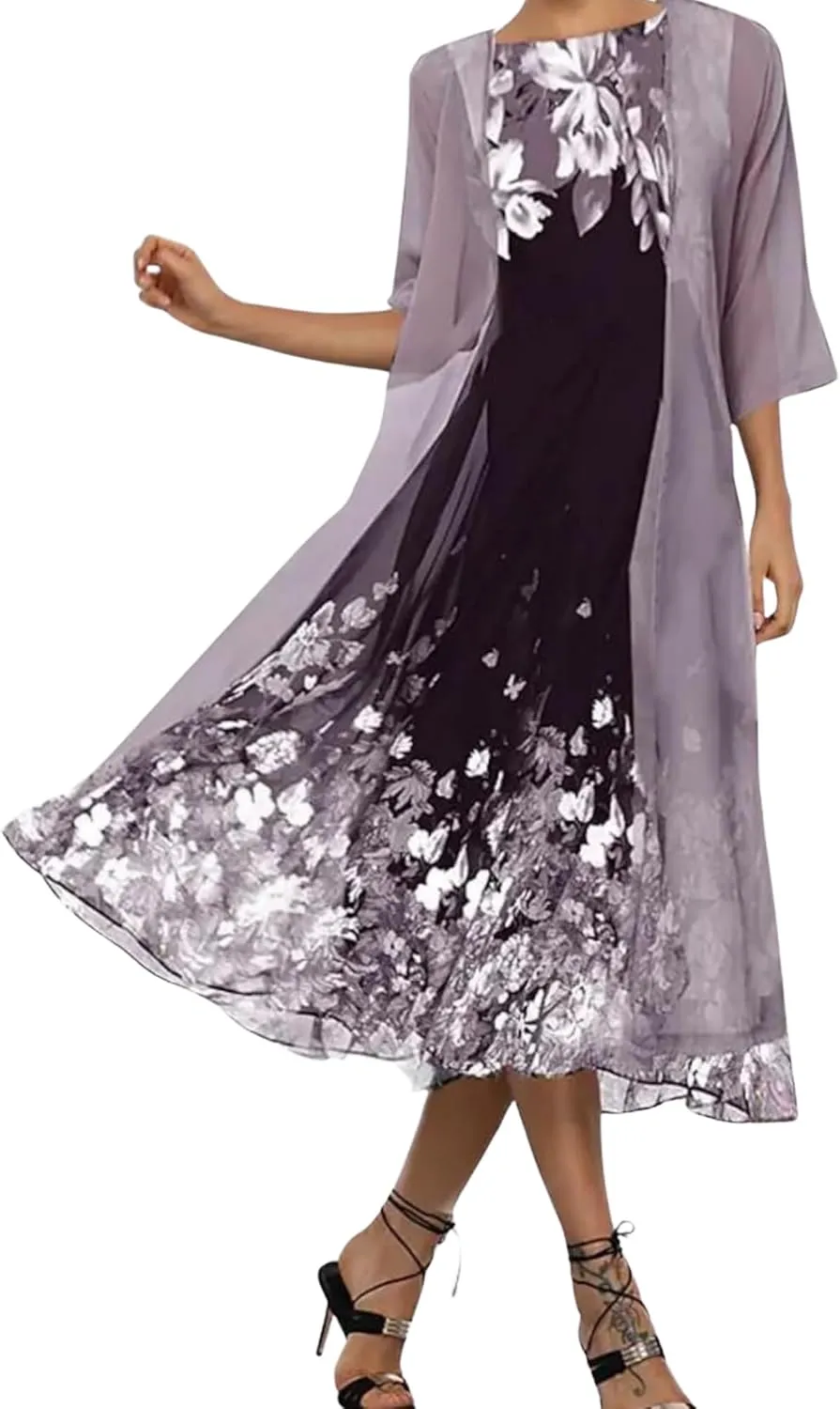 Chiffon Two Piece Set Maxi Dress for Women Summer Casual Boho Floral Cardigan Flowy Cocktail Wedding Guest Midi Dresses