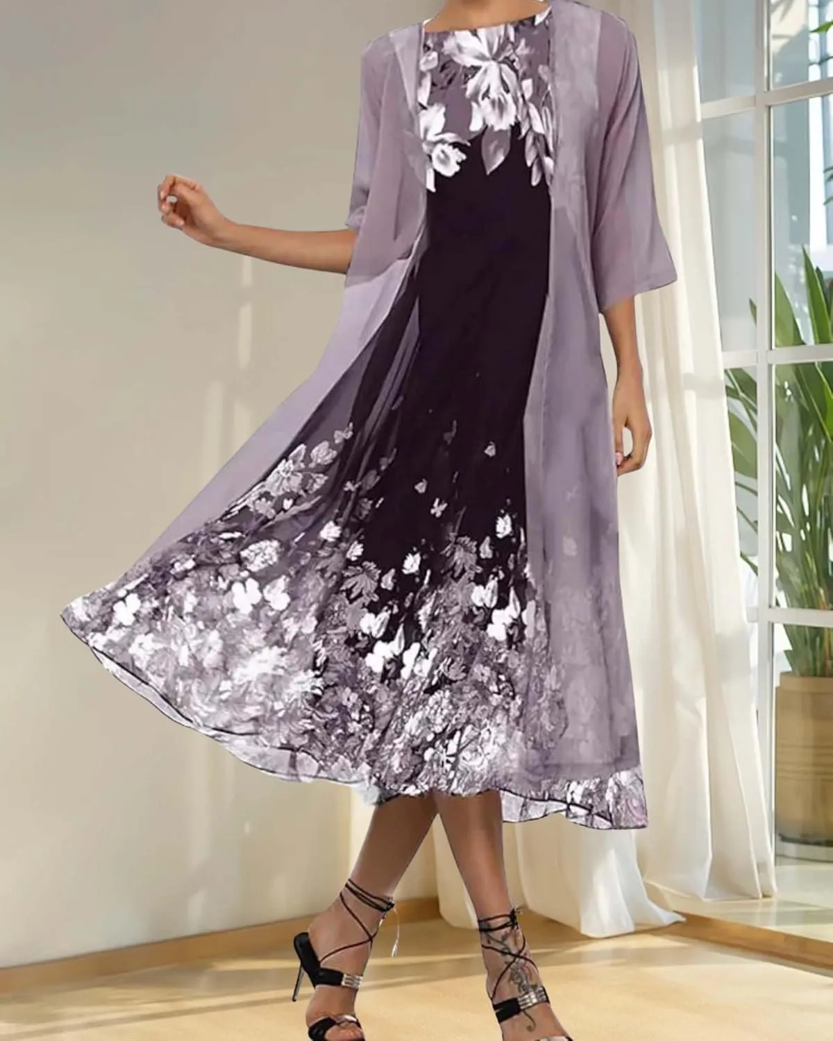 Chiffon Two Piece Set Maxi Dress for Women Summer Casual Boho Floral Cardigan Flowy Cocktail Wedding Guest Midi Dresses