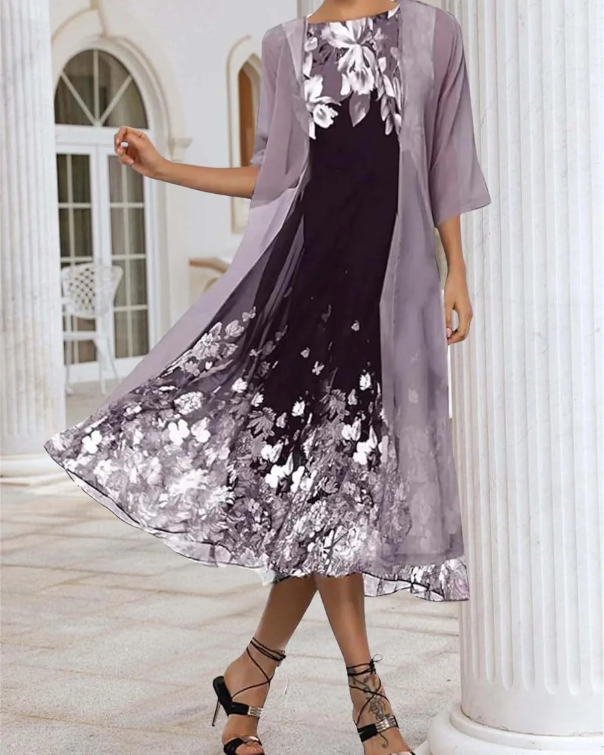 Chiffon Two Piece Set Maxi Dress for Women Summer Casual Boho Floral Cardigan Flowy Cocktail Wedding Guest Midi Dresses