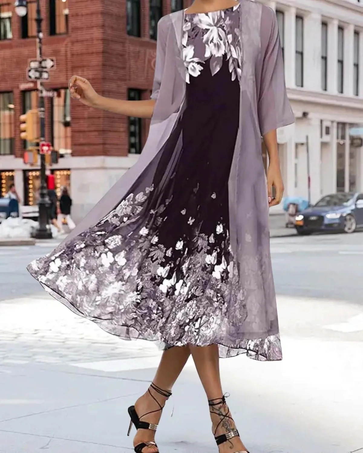 Chiffon Two Piece Set Maxi Dress for Women Summer Casual Boho Floral Cardigan Flowy Cocktail Wedding Guest Midi Dresses