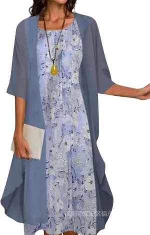 Chiffon Two Piece Set Maxi Dress for Women Summer Casual Boho Floral Cardigan Flowy Cocktail Wedding Guest Midi Dresses
