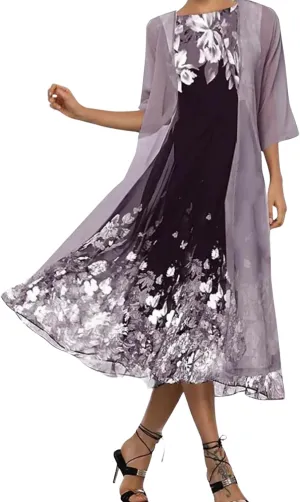 Chiffon Two Piece Set Maxi Dress for Women Summer Casual Boho Floral Cardigan Flowy Cocktail Wedding Guest Midi Dresses