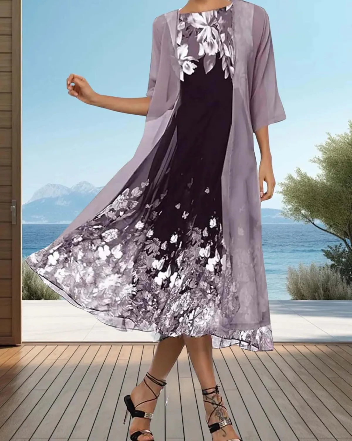 Chiffon Two Piece Set Maxi Dress for Women Summer Casual Boho Floral Cardigan Flowy Cocktail Wedding Guest Midi Dresses
