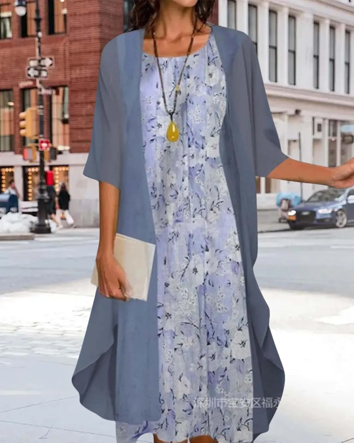 Chiffon Two Piece Set Maxi Dress for Women Summer Casual Boho Floral Cardigan Flowy Cocktail Wedding Guest Midi Dresses