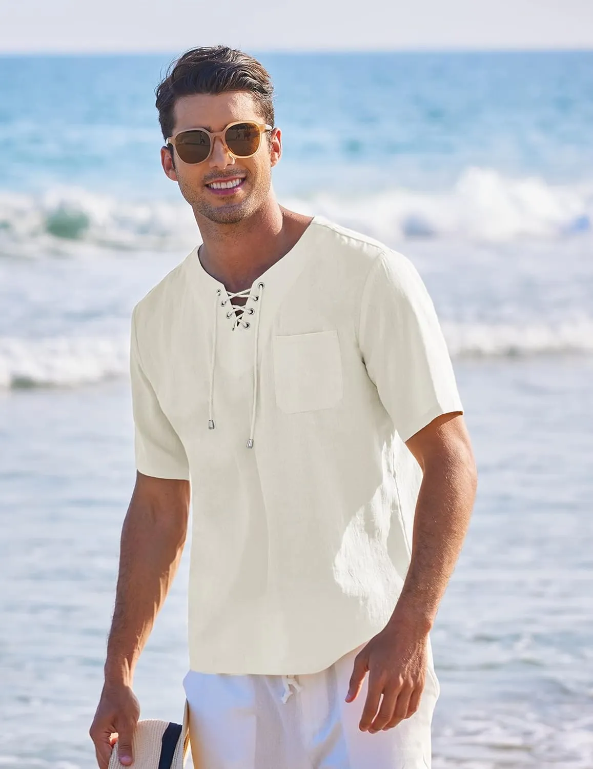 COOFANDY Men Casual Cotton Linen T Shirt Short Sleeve Beach Lace Up Hippie Shirt Yoga Renaissance Tunic