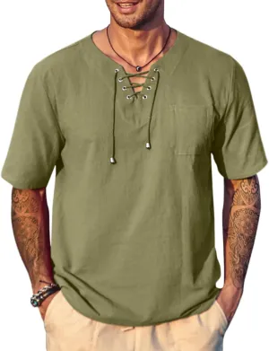 COOFANDY Men Casual Cotton Linen T Shirt Short Sleeve Beach Lace Up Hippie Shirt Yoga Renaissance Tunic