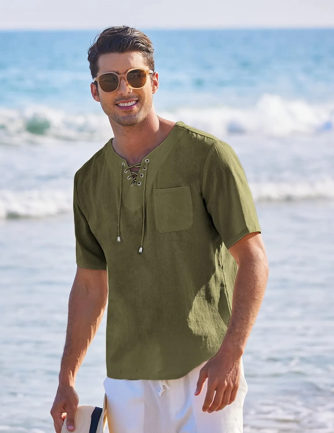 COOFANDY Men Casual Cotton Linen T Shirt Short Sleeve Beach Lace Up Hippie Shirt Yoga Renaissance Tunic