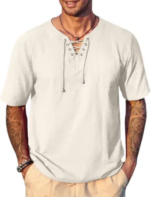 COOFANDY Men Casual Cotton Linen T Shirt Short Sleeve Beach Lace Up Hippie Shirt Yoga Renaissance Tunic