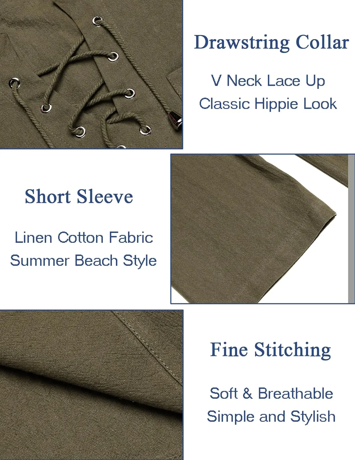 COOFANDY Men Casual Cotton Linen T Shirt Short Sleeve Beach Lace Up Hippie Shirt Yoga Renaissance Tunic