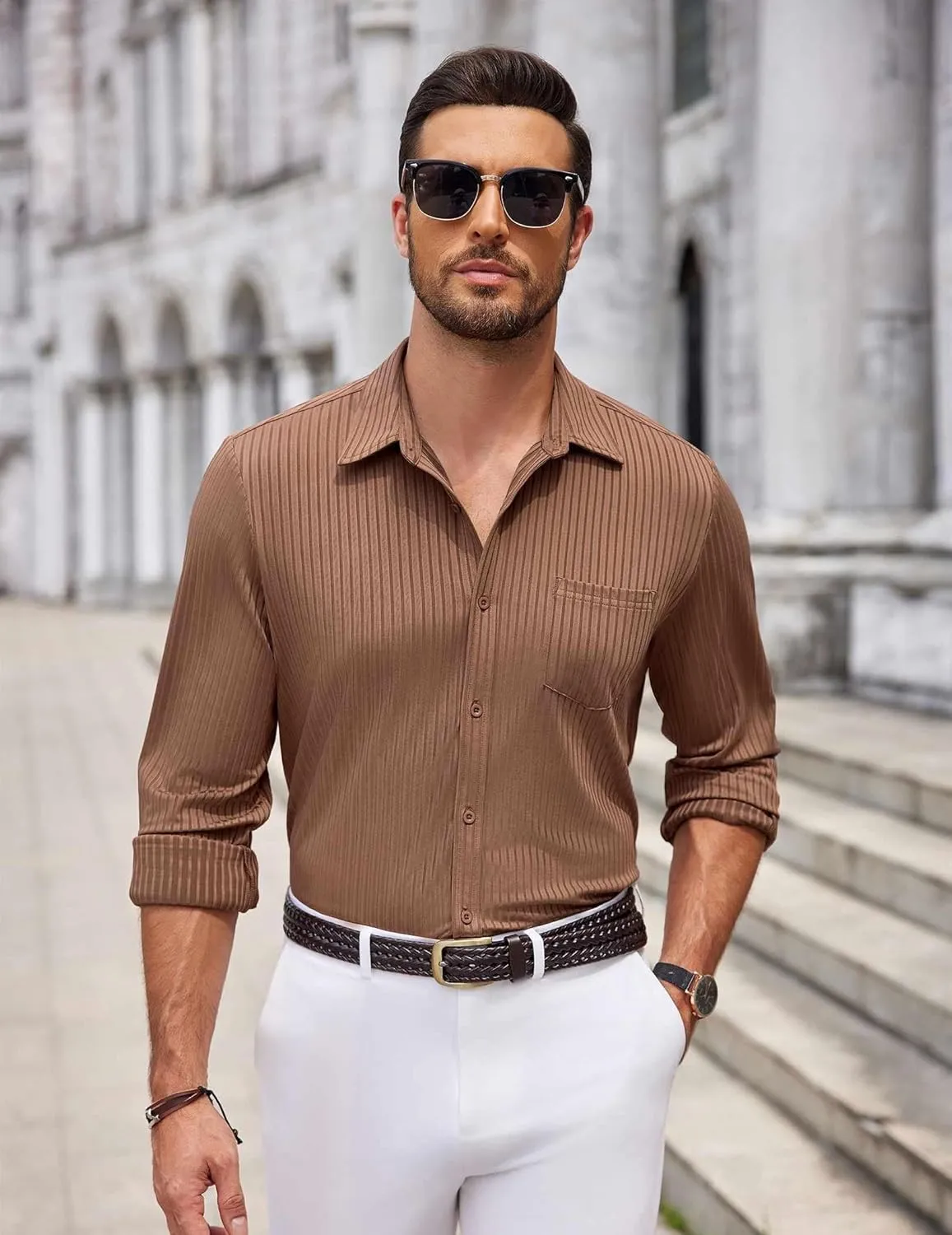 COOFANDY Men's Casual Button Down Shirt Long Sleeve Wrinkle Free Shirts Loose fit Shirt Textured Stretch Shirts with Pocket
