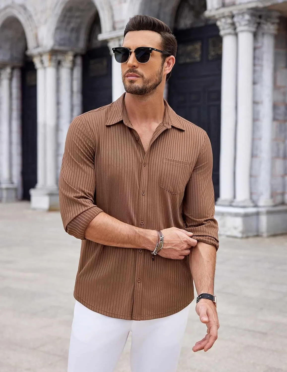 COOFANDY Men's Casual Button Down Shirt Long Sleeve Wrinkle Free Shirts Loose fit Shirt Textured Stretch Shirts with Pocket