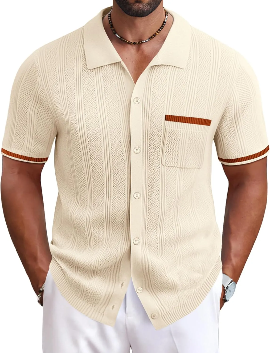 COOFANDY Men's Knit Button Down Shirt 2025 Vintage Short Sleeve Polo Shirt Casual Beach Tops