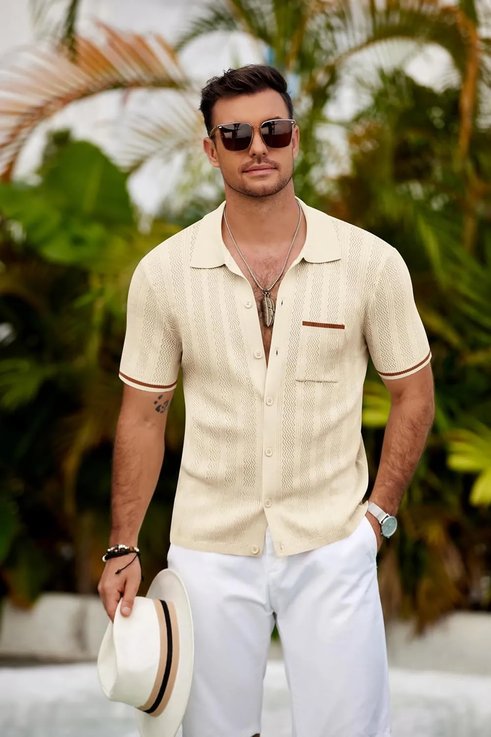 COOFANDY Men's Knit Button Down Shirt 2025 Vintage Short Sleeve Polo Shirt Casual Beach Tops