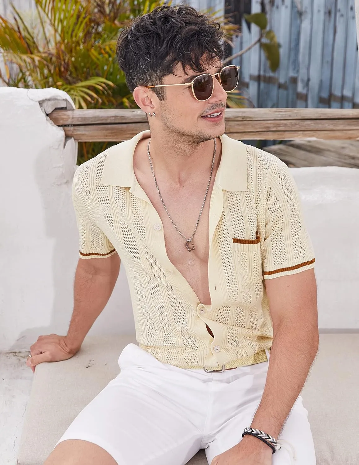 COOFANDY Men's Knit Button Down Shirt 2025 Vintage Short Sleeve Polo Shirt Casual Beach Tops