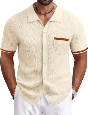 COOFANDY Men's Knit Button Down Shirt 2025 Vintage Short Sleeve Polo Shirt Casual Beach Tops