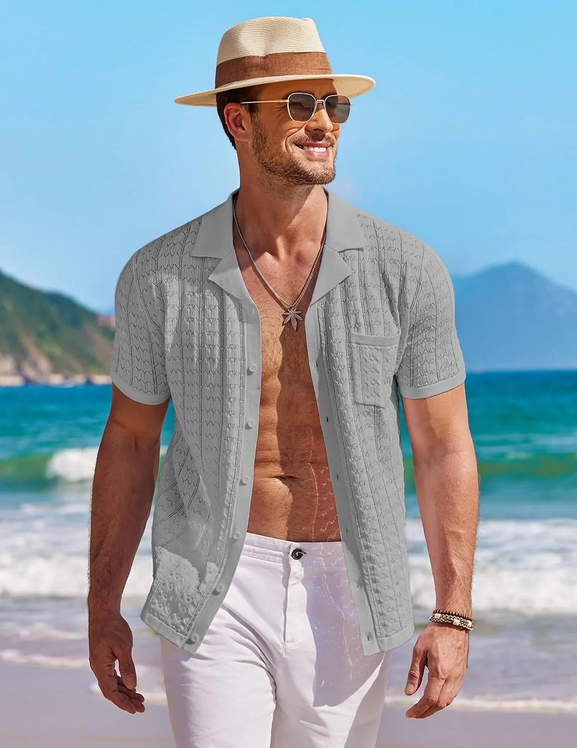COOFANDY Men's Knit Button Down Shirt Short Sleeve Vintage Polo Shirts Summer Casual Beach Tops