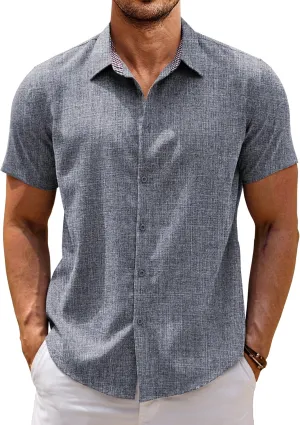 COOFANDY Mens Linen Shirt Casual Short Sleeve Button Down Shirts Summer Beach Vacation Tops