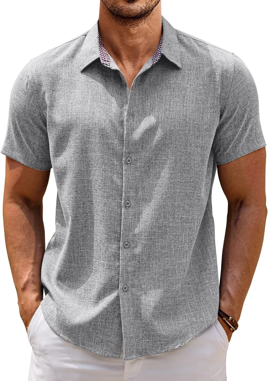 COOFANDY Mens Linen Shirt Casual Short Sleeve Button Down Shirts Summer Beach Vacation Tops