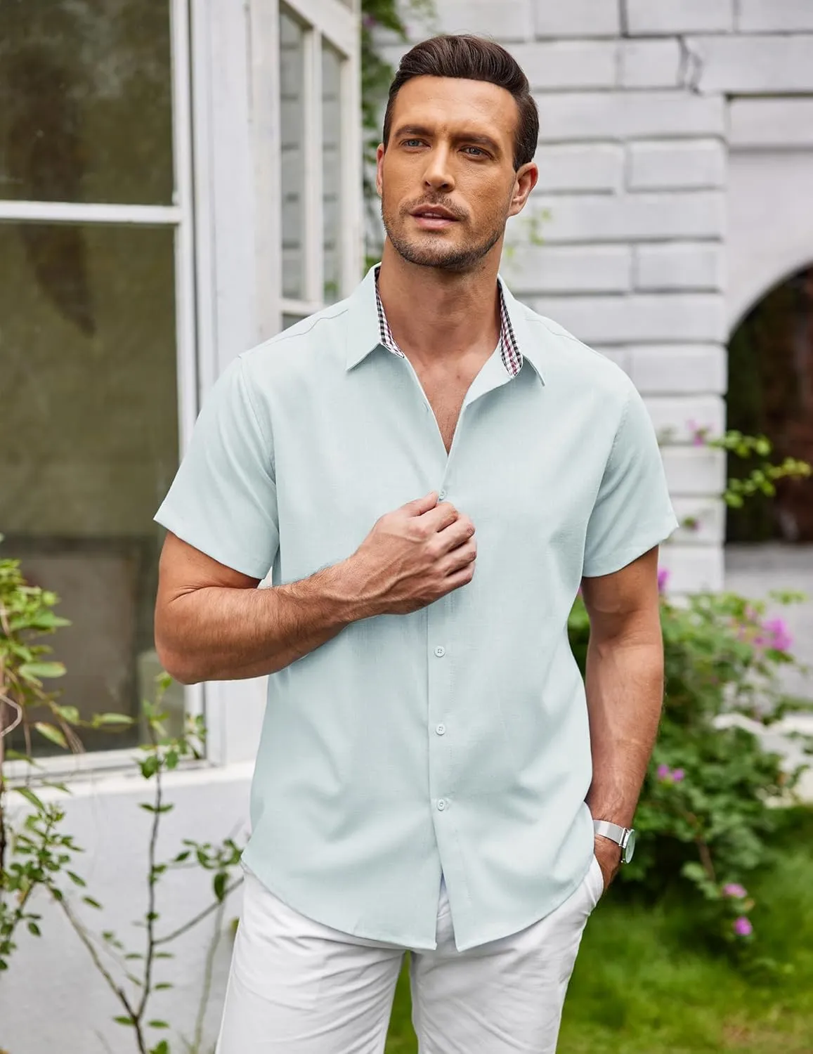 COOFANDY Mens Linen Shirt Casual Short Sleeve Button Down Shirts Summer Beach Vacation Tops