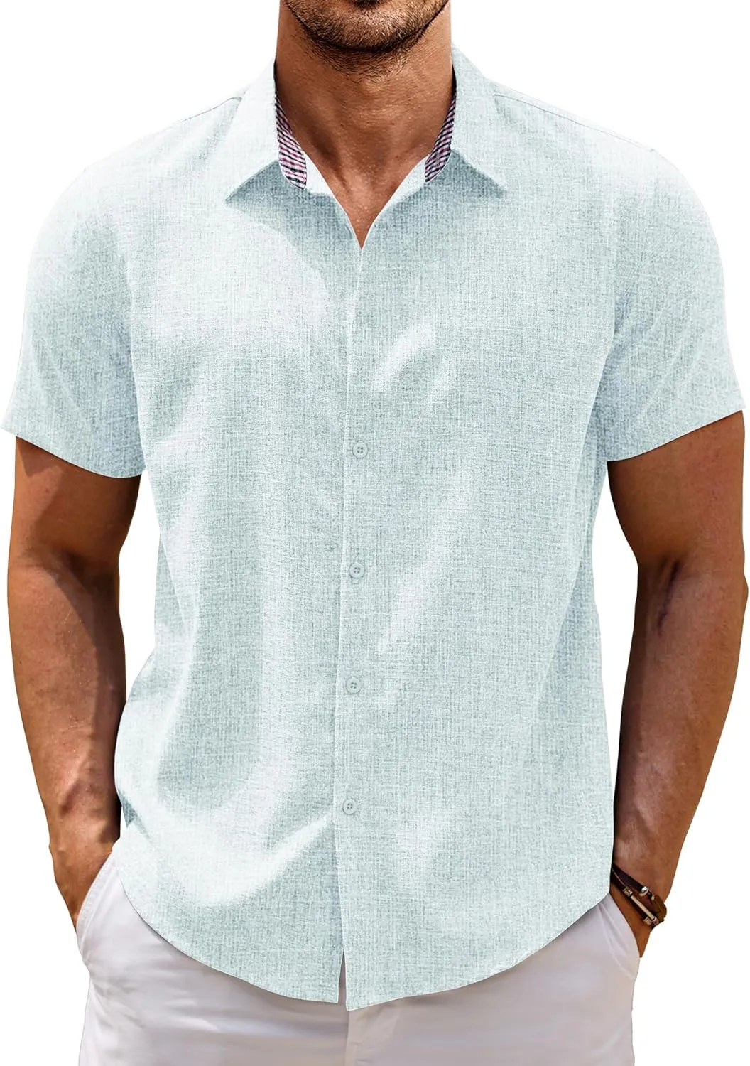 COOFANDY Mens Linen Shirt Casual Short Sleeve Button Down Shirts Summer Beach Vacation Tops