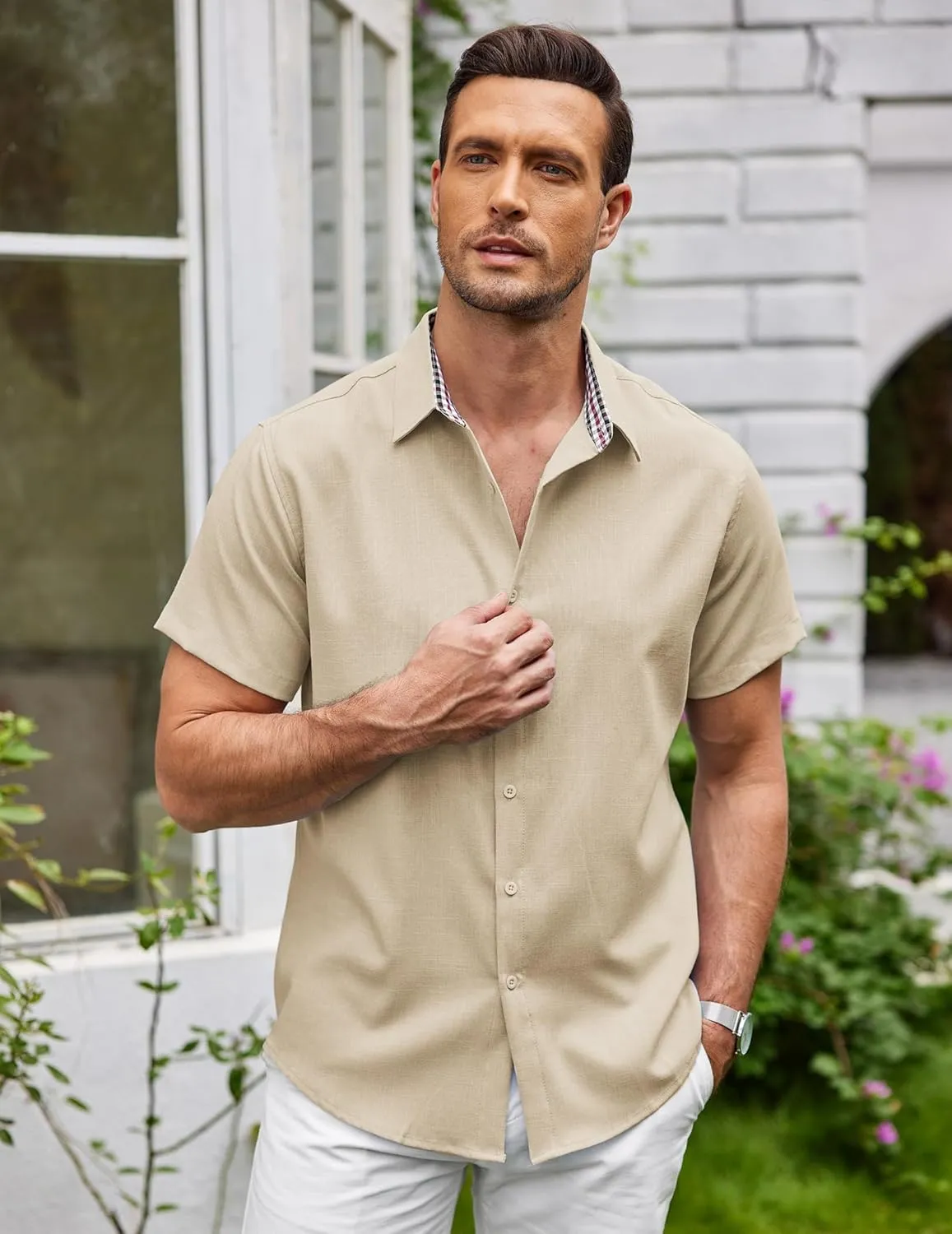 COOFANDY Mens Linen Shirt Casual Short Sleeve Button Down Shirts Summer Beach Vacation Tops