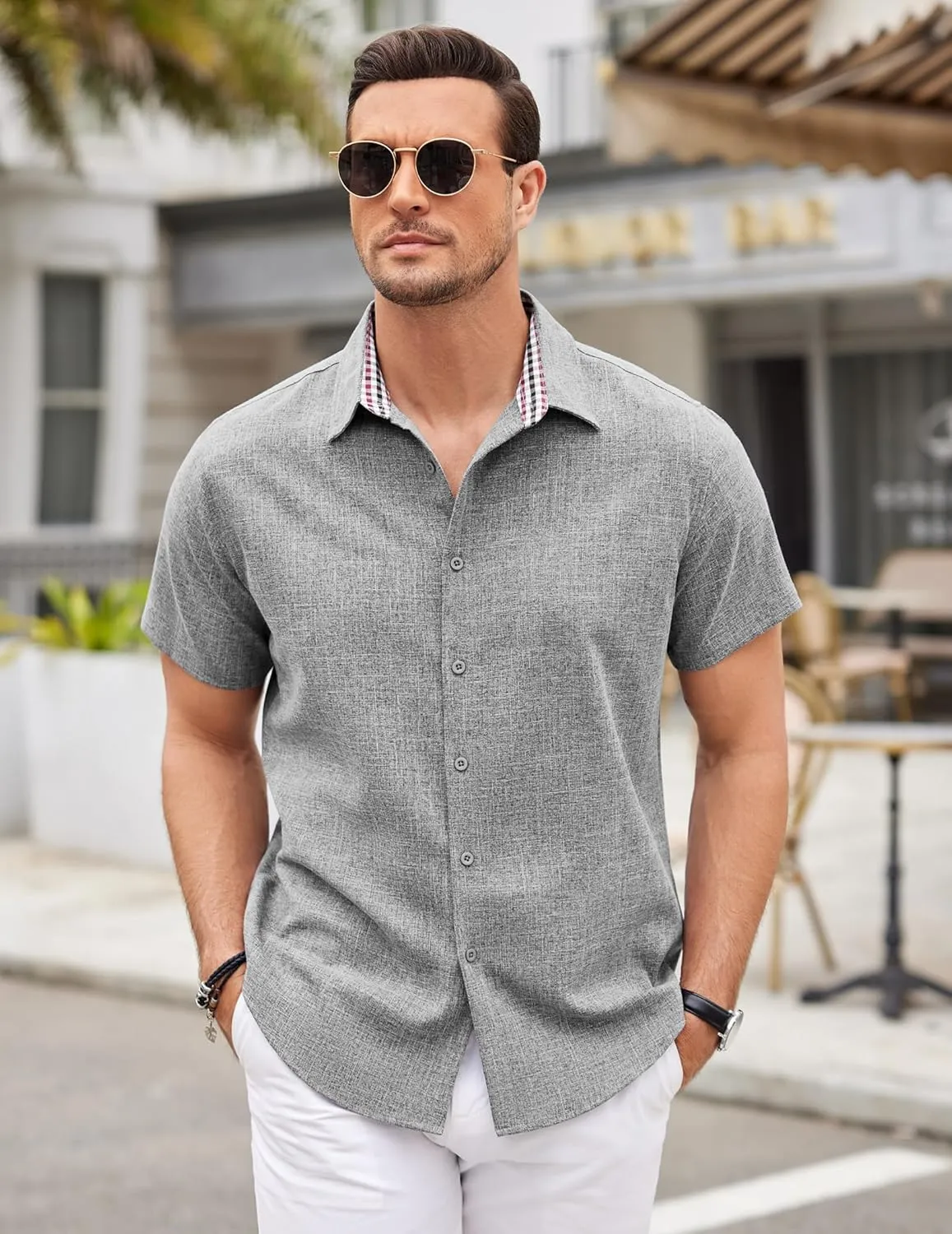 COOFANDY Mens Linen Shirt Casual Short Sleeve Button Down Shirts Summer Beach Vacation Tops
