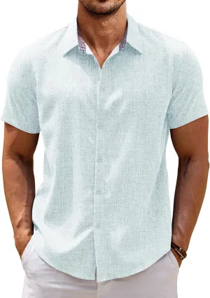 COOFANDY Mens Linen Shirt Casual Short Sleeve Button Down Shirts Summer Beach Vacation Tops