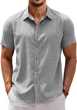 COOFANDY Mens Linen Shirt Casual Short Sleeve Button Down Shirts Summer Beach Vacation Tops