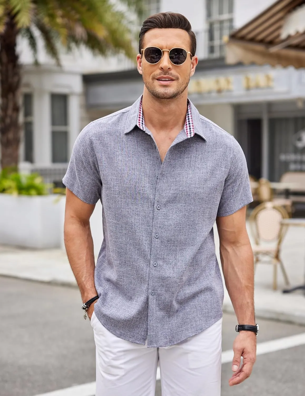 COOFANDY Mens Linen Shirt Casual Short Sleeve Button Down Shirts Summer Beach Vacation Tops