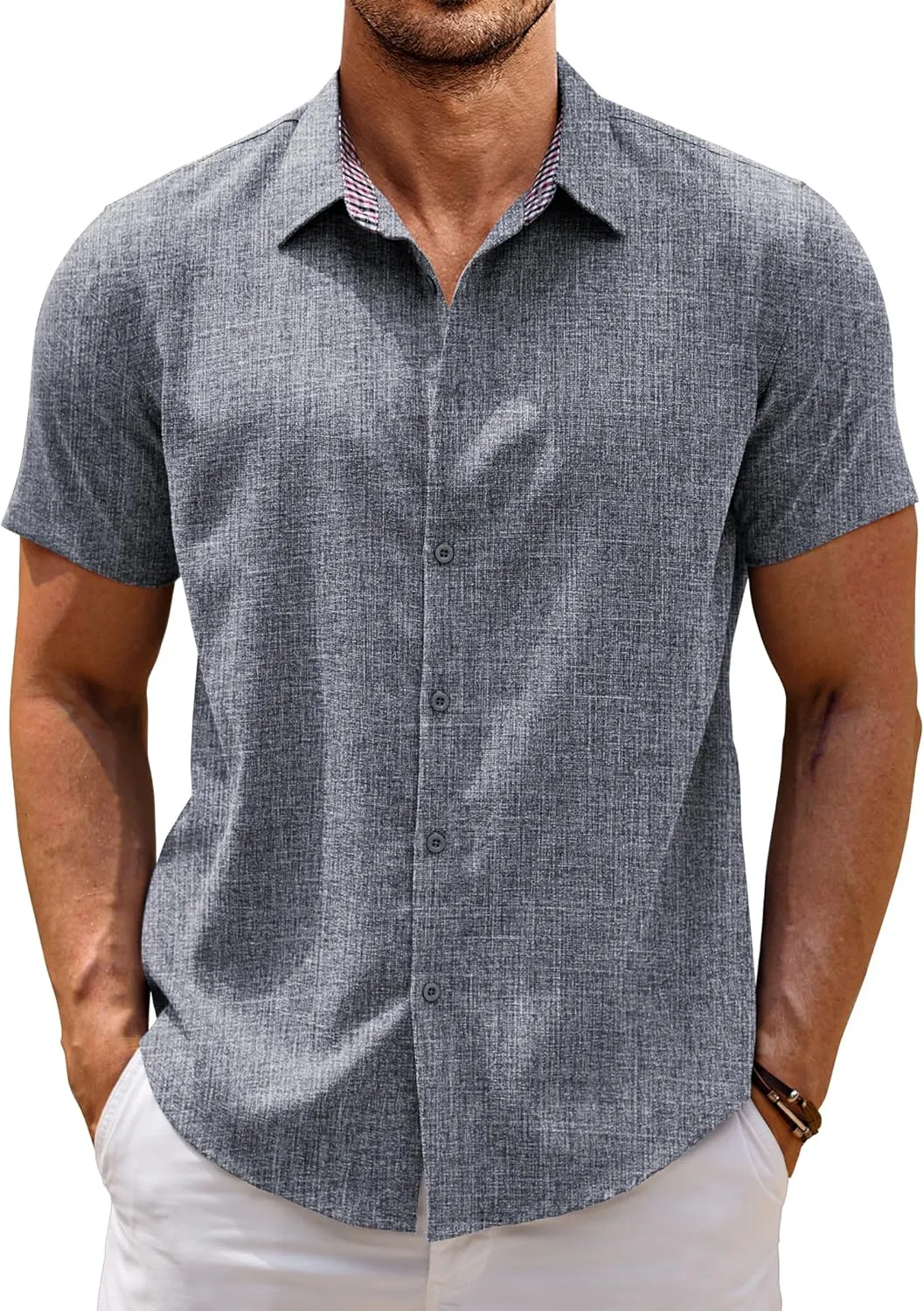 COOFANDY Mens Linen Shirt Casual Short Sleeve Button Down Shirts Summer Beach Vacation Tops
