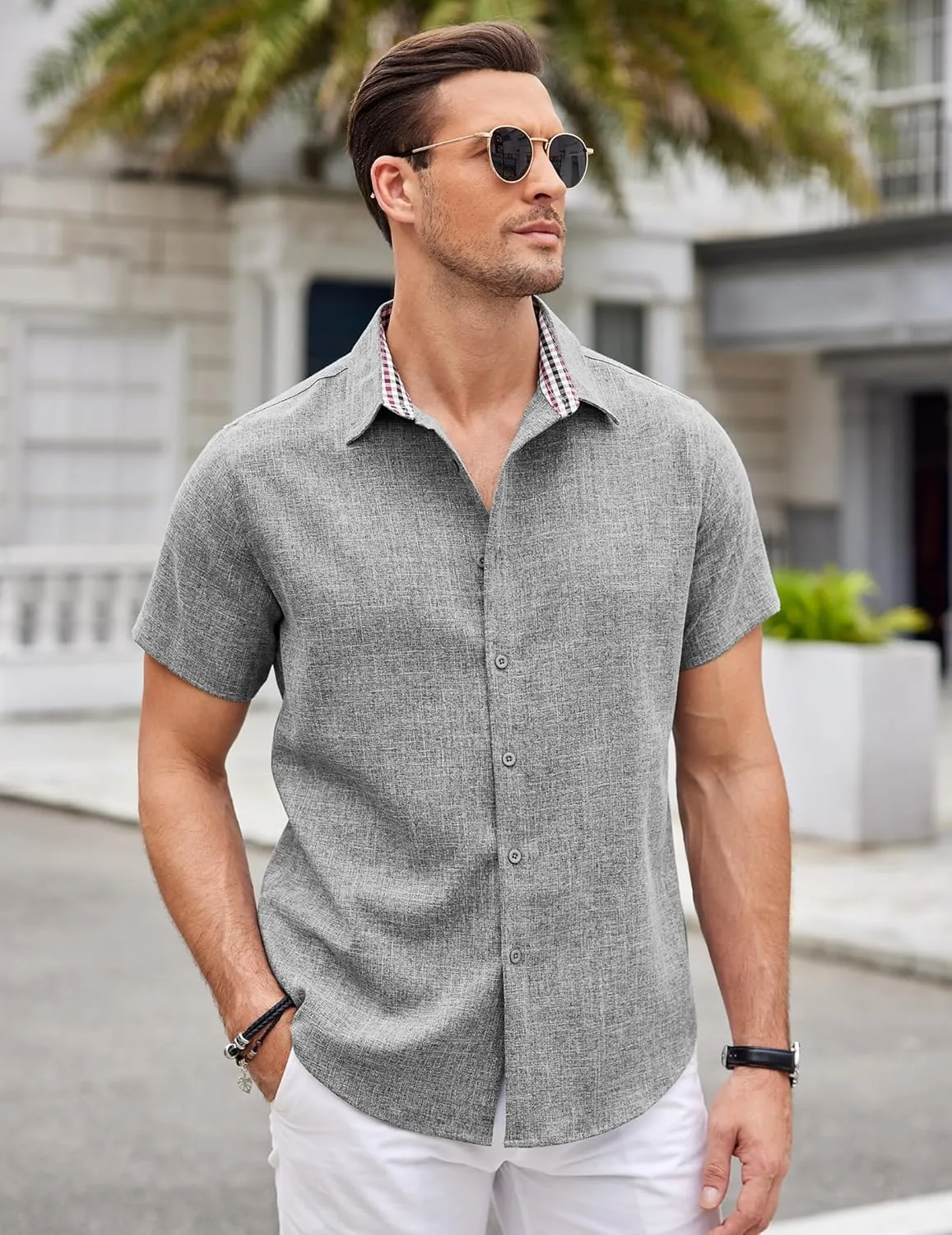 COOFANDY Mens Linen Shirt Casual Short Sleeve Button Down Shirts Summer Beach Vacation Tops